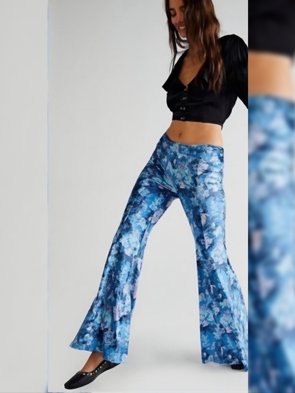 Free People Hold Me Close Bell Bottom Velvet Paisley Trousers Light Blue Size XL
